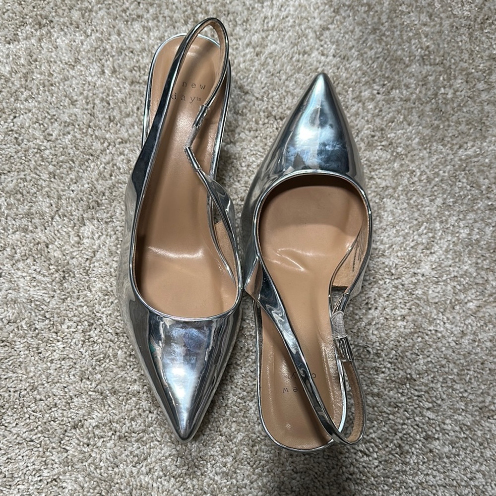 Silver Pointed Toe Slingback Heels